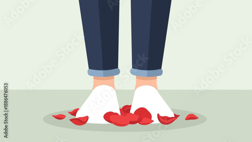 Feet in white socks, stepping on scattered red rose petals