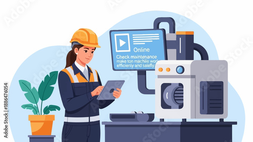 Female technician uses tablet by machinery and online maintenance screen