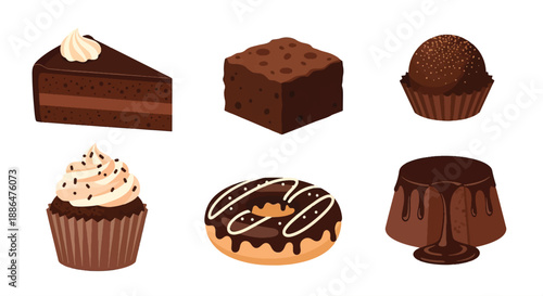Chocolate Desserts Collection Flat Vector Illustration Set on White Background