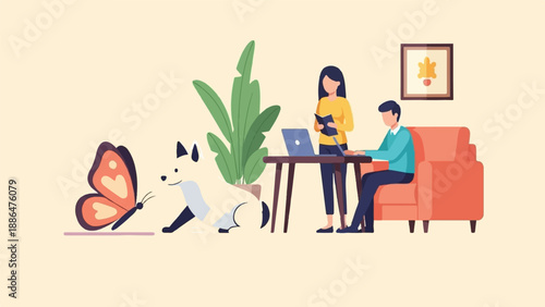 People, dog, and butterfly in a room with a plant and armchair