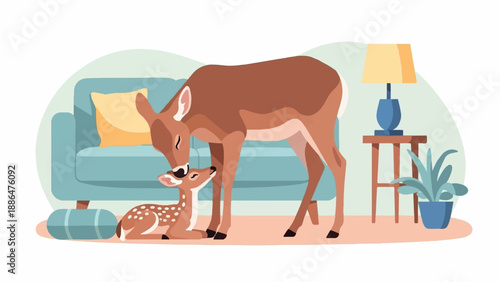 Mother and fawn deer interact gently in a cozy indoor setting