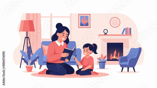 Mother reading to child by fireplace