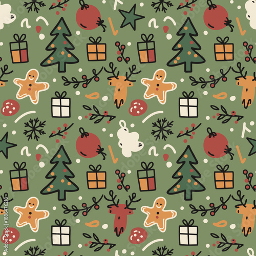 Seamless festive doodle pattern featuring Christmas trees gifts reindeer and gingerbread on green
