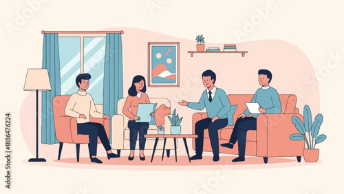 People in a living room having a discussion or meeting