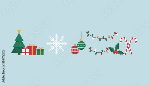 Minimalist Christmas holiday icons banner design tree gifts lights ornaments and candy canes on blue
