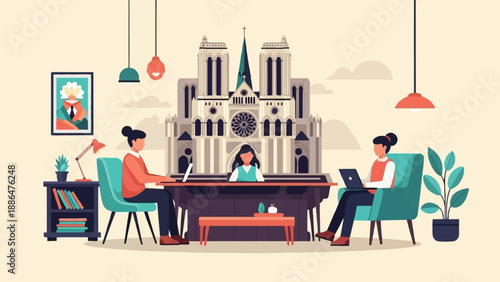 Modern workspace with people and iconic building backdrop