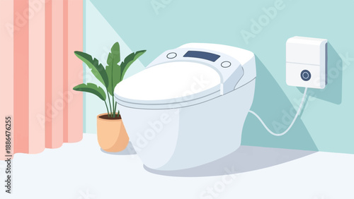 Modern white toilet with a digital display and plant in a warm-toned room