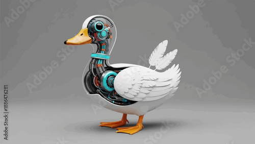 Mechanical goose with exposed internal workings, white feathers, orange feet