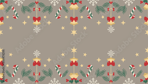 Seamless Christmas pattern with festive bells candy canes and snowflakes on a neutral taupe background