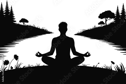 Silhouette Of Person Meditating By Calm Lake
