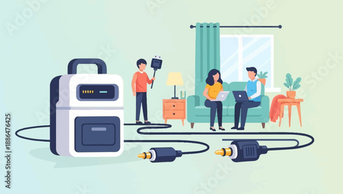 People in a living room with a portable device and laptops connected