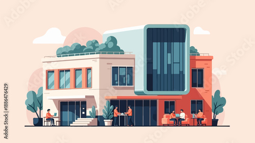 Modern, stylish buildings with people working and relaxing outside