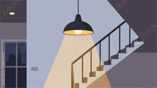 Modern staircase illuminated by a pendant light with a window reflecting cityscape