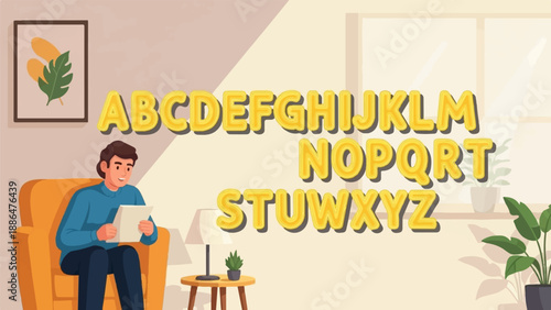 Man reading on armchair near alphabet letters and plants