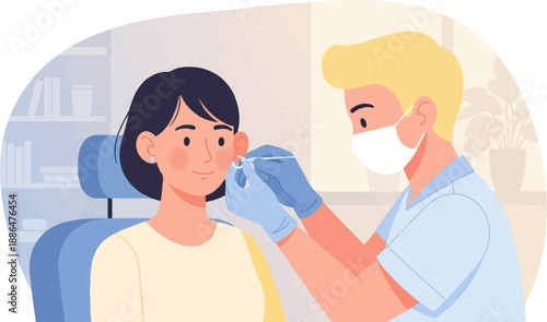 Medical professional pierces woman's ear with needle, wearing mask and gloves