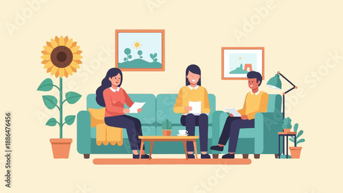 People in a living room with a sunflower, couch, artwork, and lamp