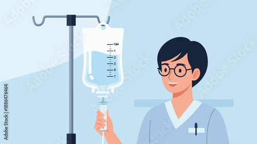 Medical professional with IV drip bag and stand, light blue background
