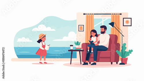 Father and daughters enjoy reading and drawing by the sea