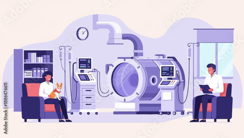 Medical team and patient with dog in advanced treatment facility