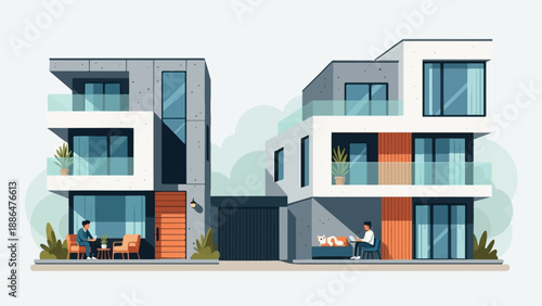 Modern duplex homes with balconies, people relaxing outside