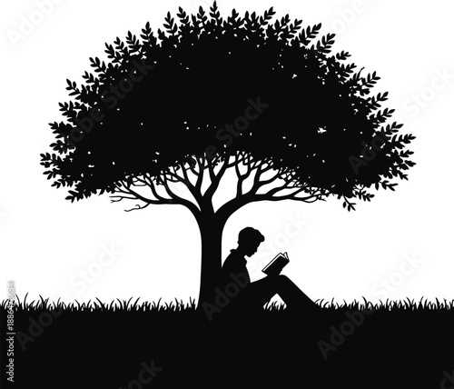 Silhouette Of Boy Reading Under Big Tree