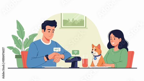 Man pays with smartwatch, woman and dog sit at table, plant