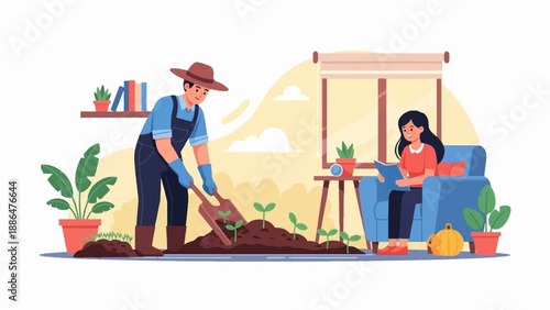 Man plants seedlings while woman reads in cozy room with plants