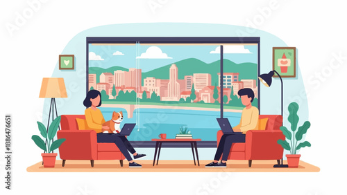 People and dog working on laptops in a living room with city view
