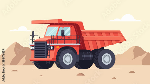 Oversized red mining truck on dusty terrain with rolling hills and clouds
