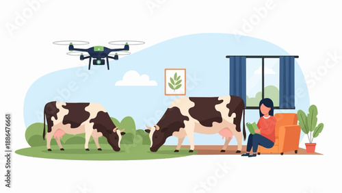 Modern farming a woman reads inside while a drone monitors cows outside