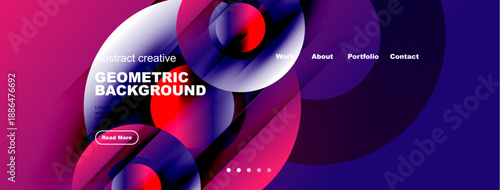 Modern website header design. Fluid shapes, vibrant purple hues, geometric patterns. Text includes geometric background, read more. Simple navigation visible.