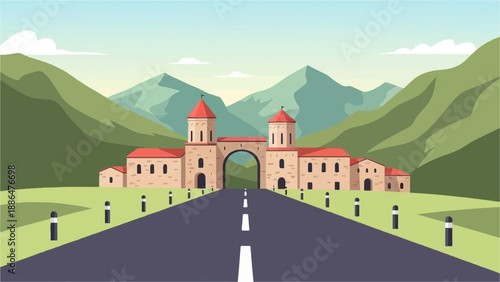 Medieval castle gatehouse with twin towers and red roofs sits amidst green hills