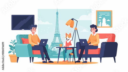 People and dog working on laptops in a living room with Eiffel Tower view
