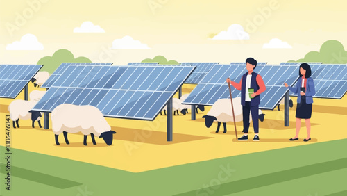 Farmers tending sheep amidst expansive solar panels under a cloudy sky