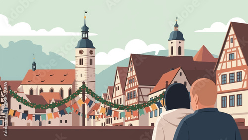Medieval European town square with festive decorations and silhouetted onlookers