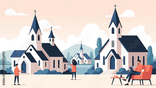 People engaging with technology outside simple churches