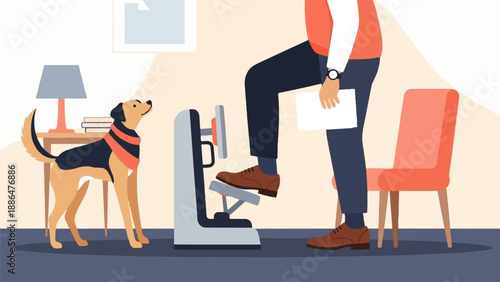 Man on foot pedal machine with dog, chair and lamp nearby