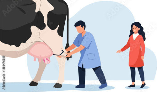 Farmers attend to a cow's udder with veterinary equipment