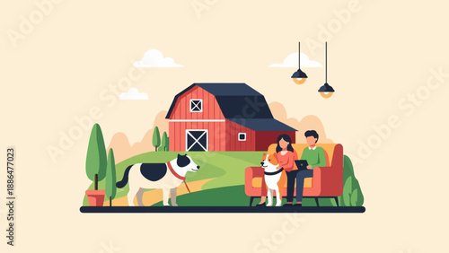 Farm couple with pets by barn, using laptop, outdoor rural scene