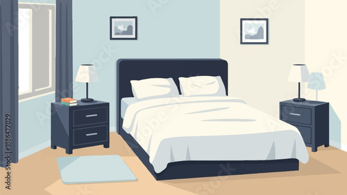 Minimalist bedroom with a large bed, two nightstands, and window