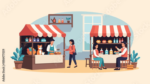 Outdoor market scene with two stalls, people, and a dog