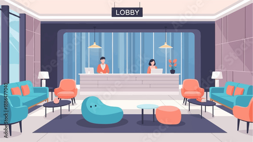 Modern hotel lobby with comfortable seating, reception desk, and two employees