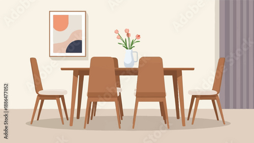 Minimalist dining room scene with wooden table, chairs, art, and flowers