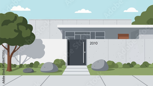 Modern house with concrete walls, modern door, and minimalist landscaping