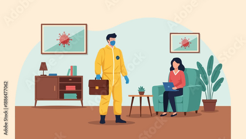 Man in hazmat suit with briefcase, woman working on laptop in living room