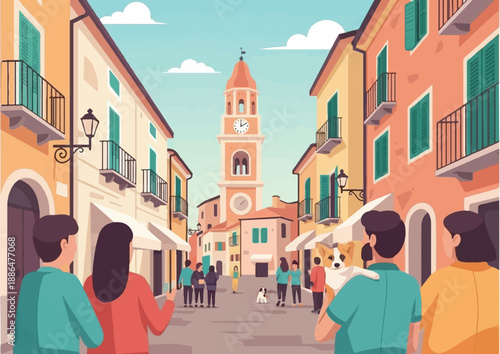 People and dogs stroll down a sunny European street with colorful buildings