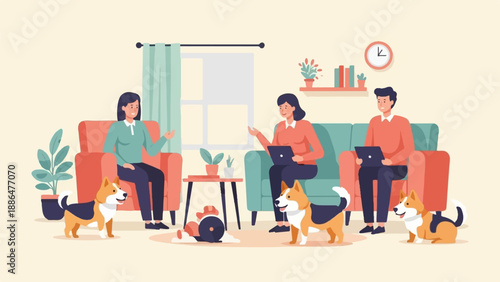 People and dogs relaxing indoors, two people work on laptops