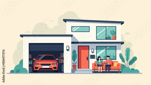 Modern house with garage, car, and couple relaxing on sofa