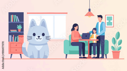 Family working remotely together with a cat and plant in a cozy room