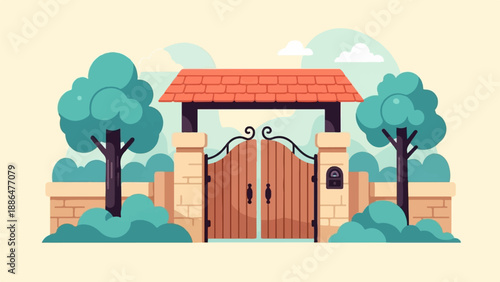 Ornate wooden gates stand between stone pillars and leafy trees